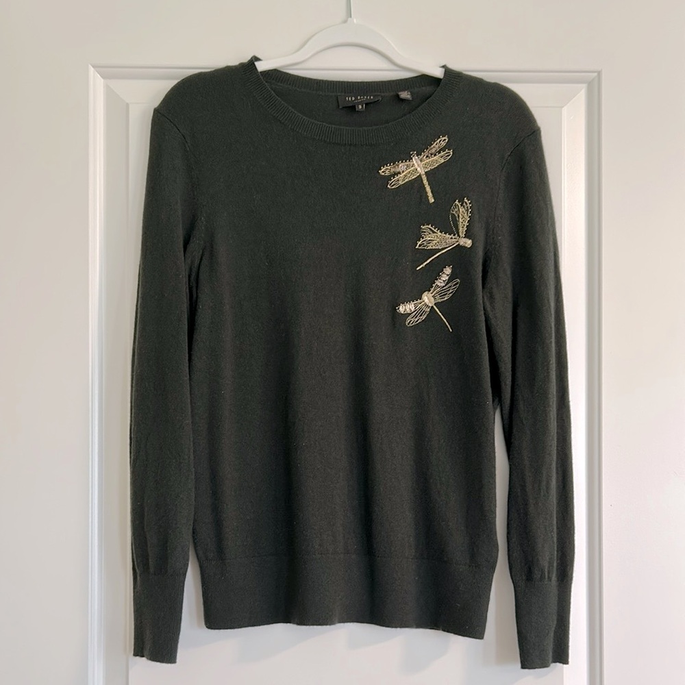 Dark Green Ted Baker Crew Sweater with Dragonfly Embroidery